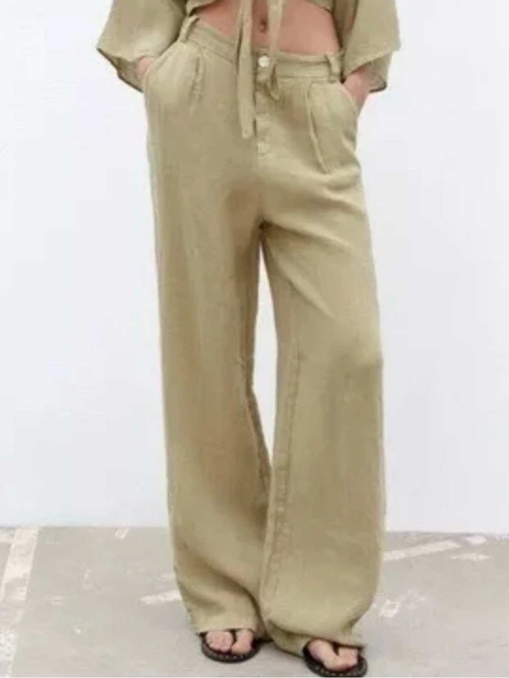 Zara Relaxed Linen Wide Leg Crop Trouser Pleat Front Pant Khaki Tan Size M